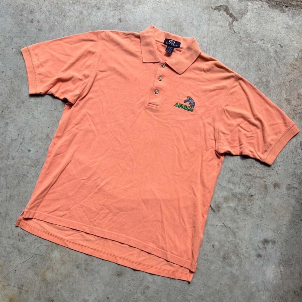 Vantage Mens Africa Zebra Embroidered Polo‎ Shirt Orange Cotton Pique Large